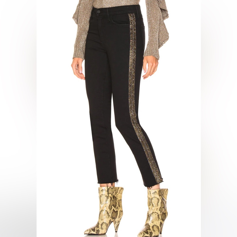 MOTHER BLACK DENIM SHIMMER BEADED Rascal Ankle Fray